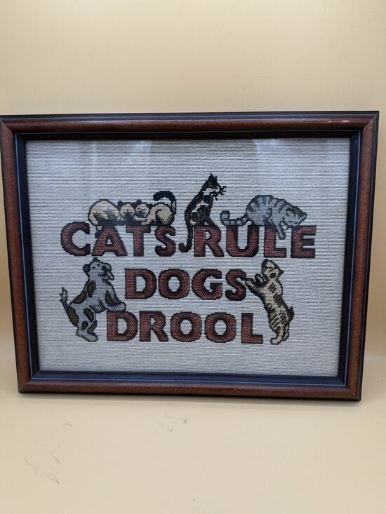 Handmade Other - Cats Rule Dogs Drool Framed Cross Stitch Needlepoint Wall Art Cat Lover Decor